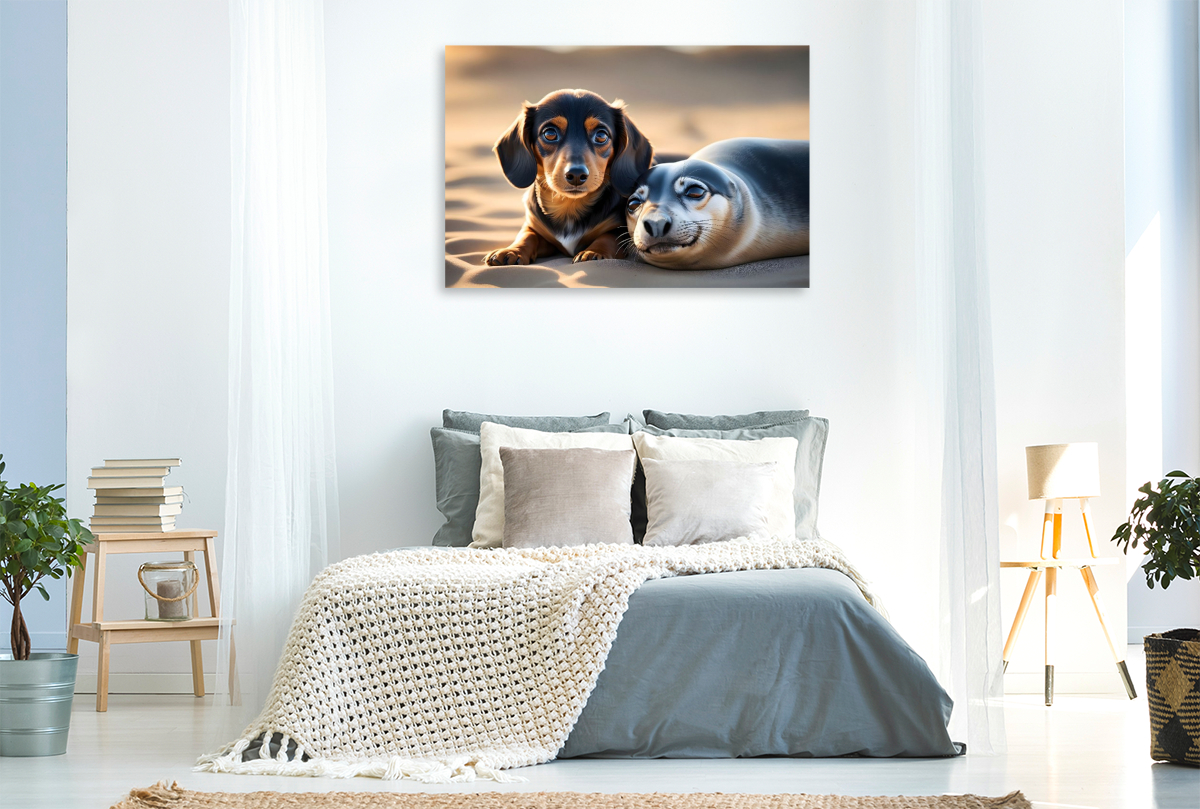 Dackelwelpe kuschelt mit kleinem Seehund am Strand