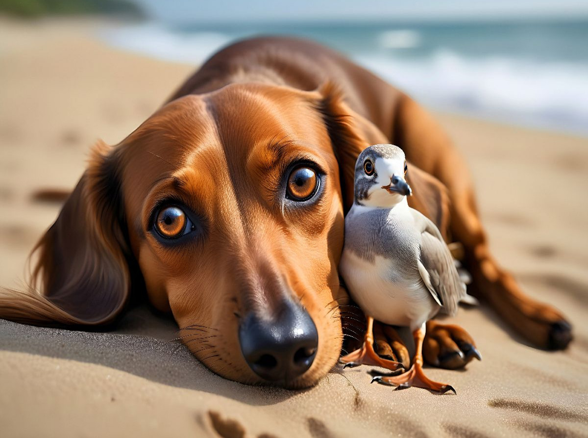 Dackel und zutrauliche Möwe am Sandstrand