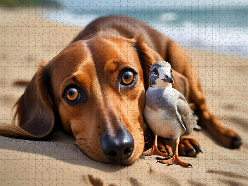 Dackel und zutrauliche Möwe am Sandstrand