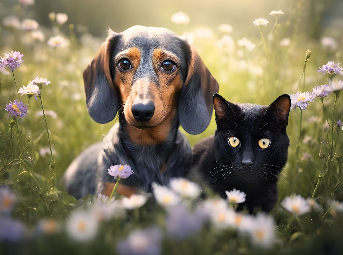 Dackel und eine schwarze Katze faulenzen auf einer Blumenwiese