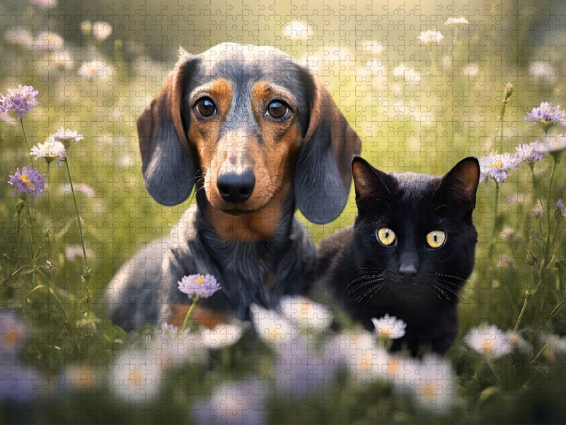 Dackel und eine schwarze Katze faulenzen auf einer Blumenwiese