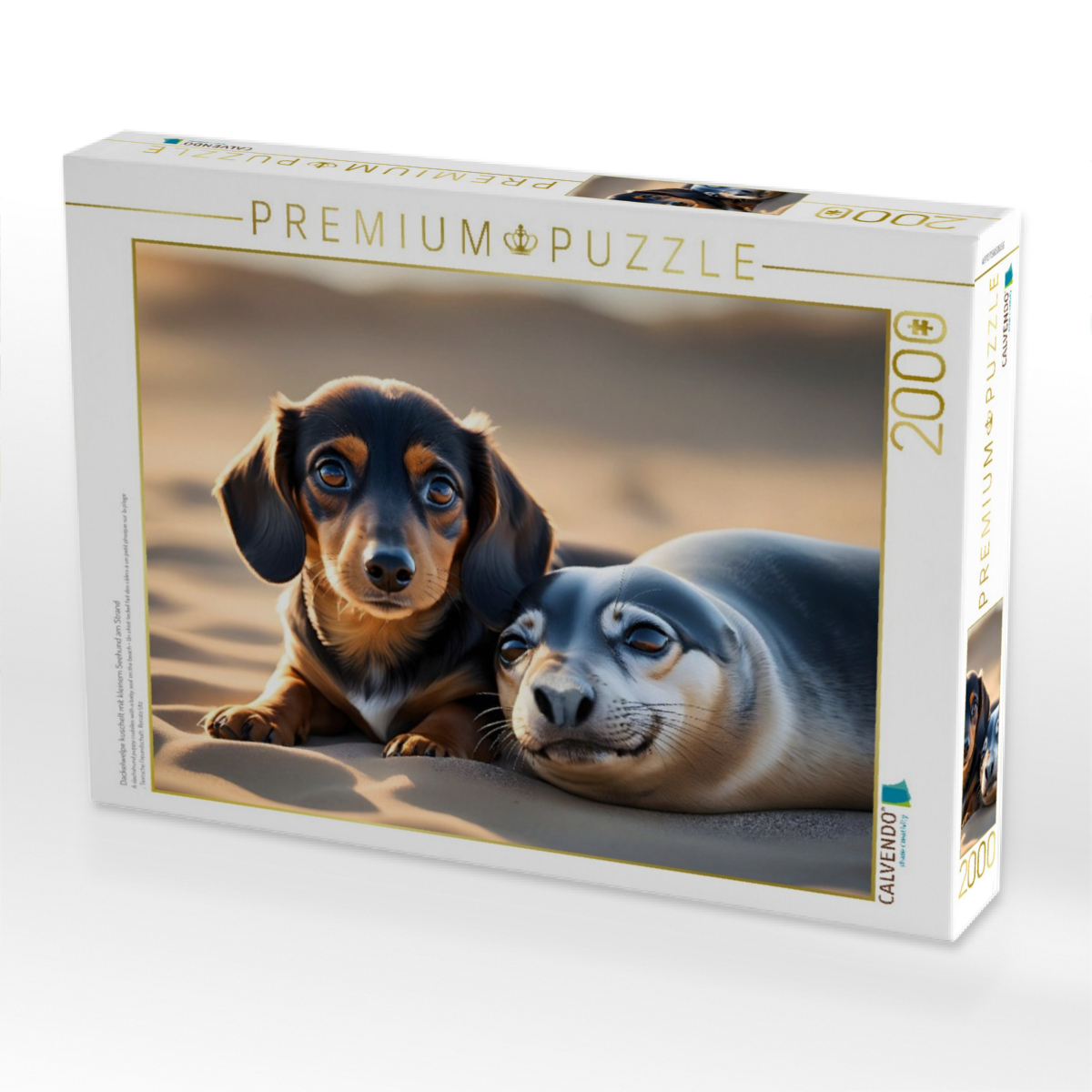 Dackelwelpe kuschelt mit kleinem Seehund am Strand