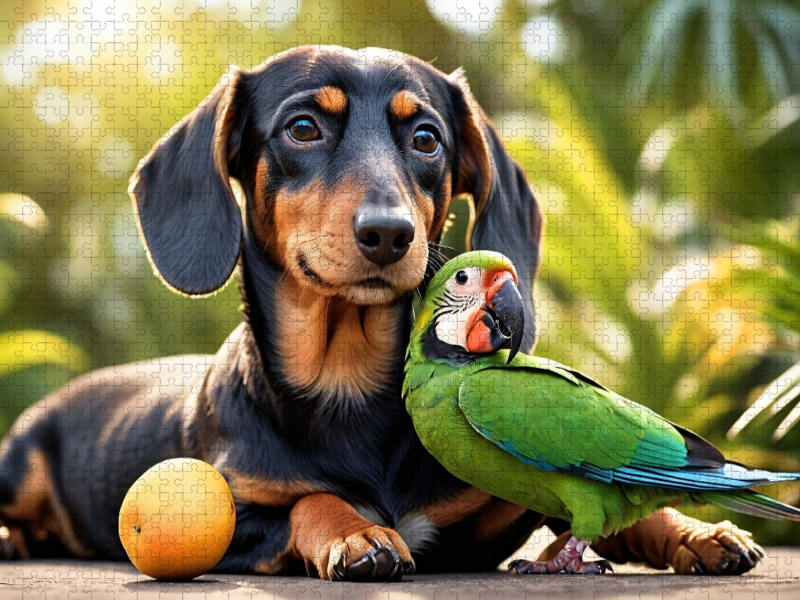 Dackel und Papagei in tropischer Natur