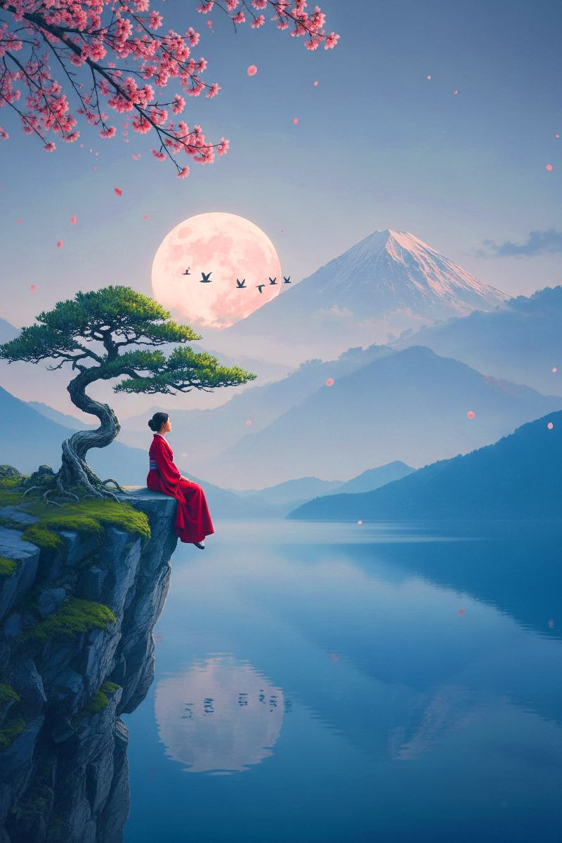Frau im roten Kleid vor einer fernen Landschaft
