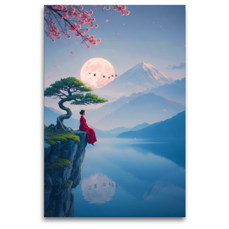 Frau im roten Kleid vor einer fernen Landschaft