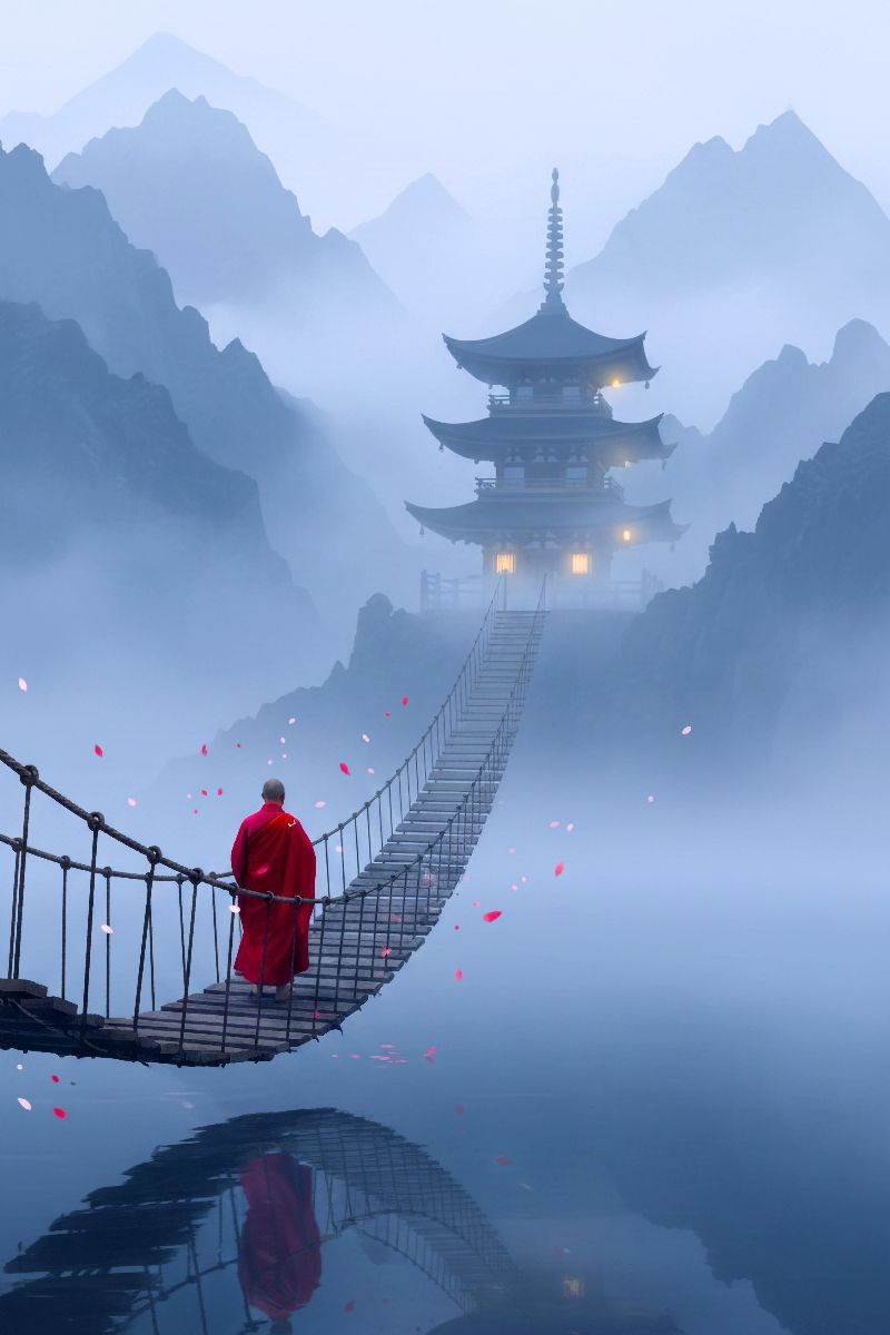 Der Weg zum Ziel - Hängebrücke mit buddhistischem Mönch und Tempel