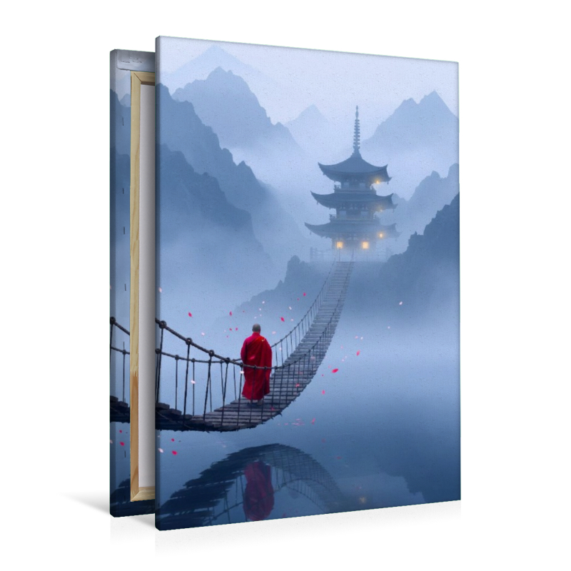 Der Weg zum Ziel - Hängebrücke mit buddhistischem Mönch und Tempel