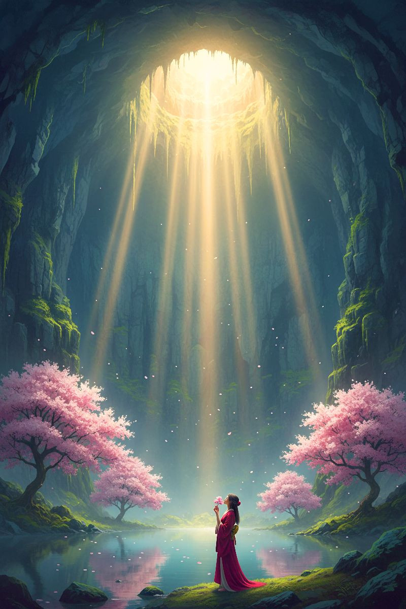 Im Sonnenlicht - blühende Kirschbäume in einer Höhle mit Geisha