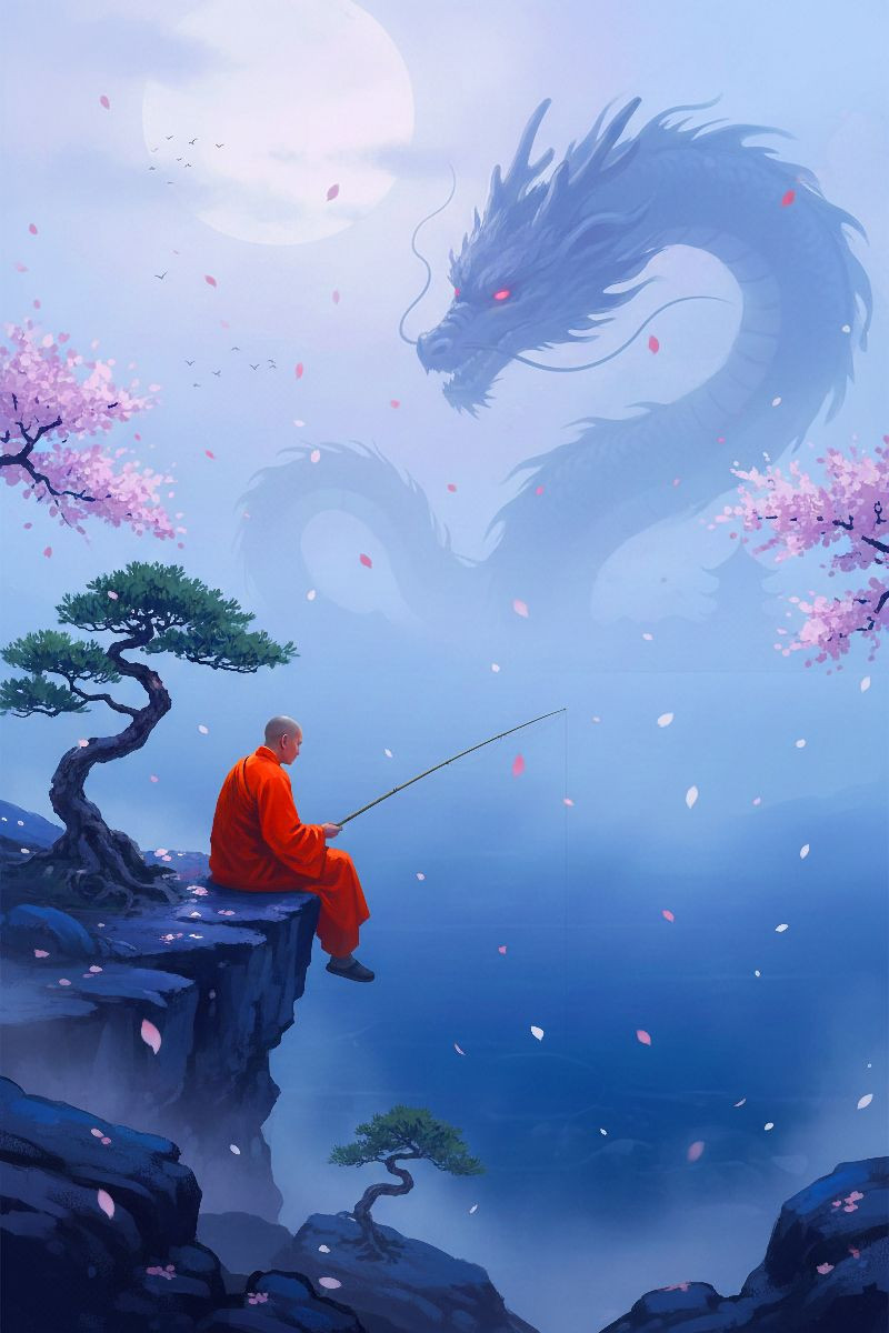 Buddhistischer Mönch und Drachen