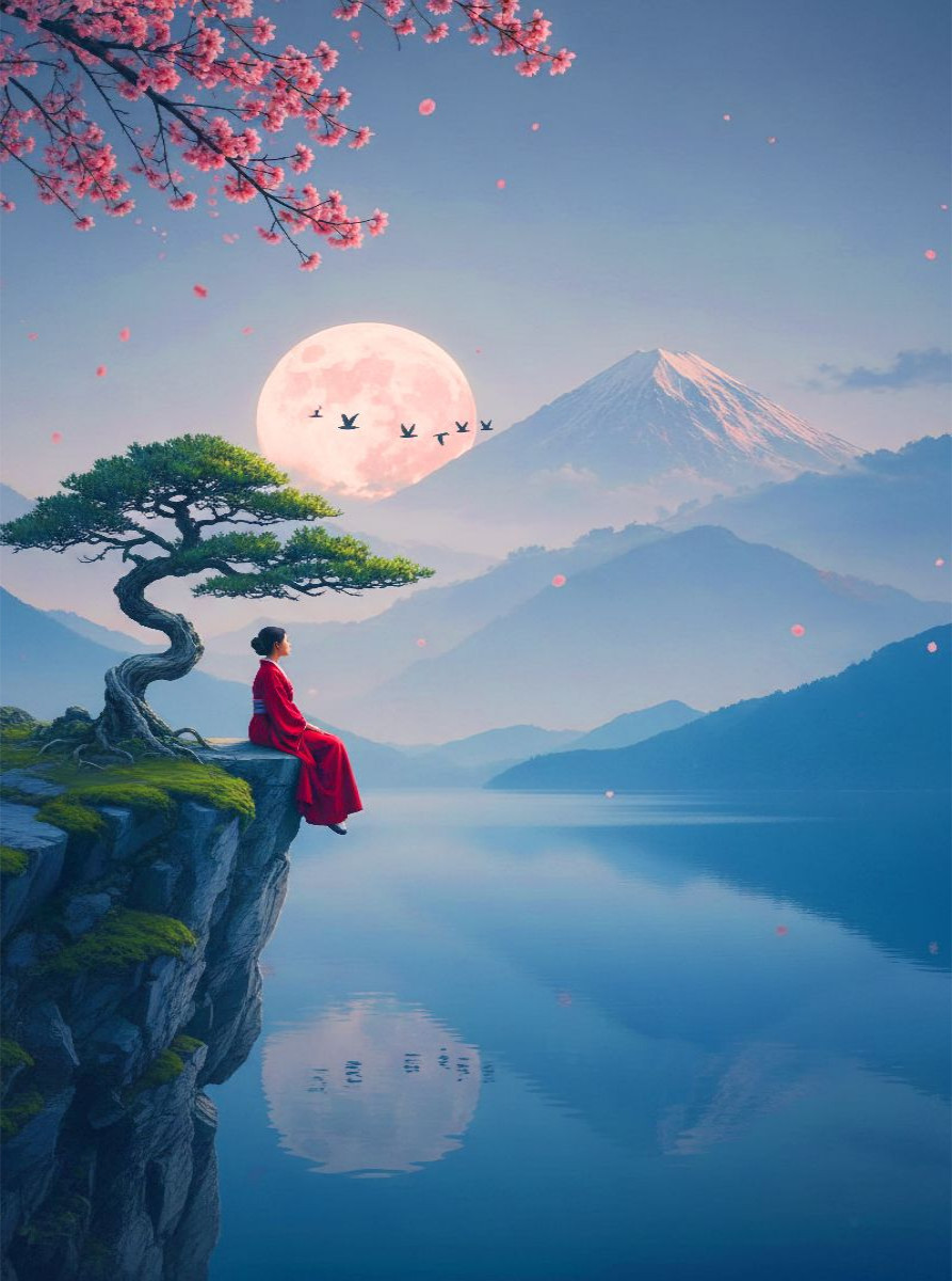 Frau im roten Kleid vor einer fernen Landschaft