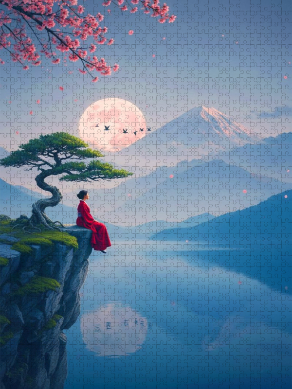 Frau im roten Kleid vor einer fernen Landschaft