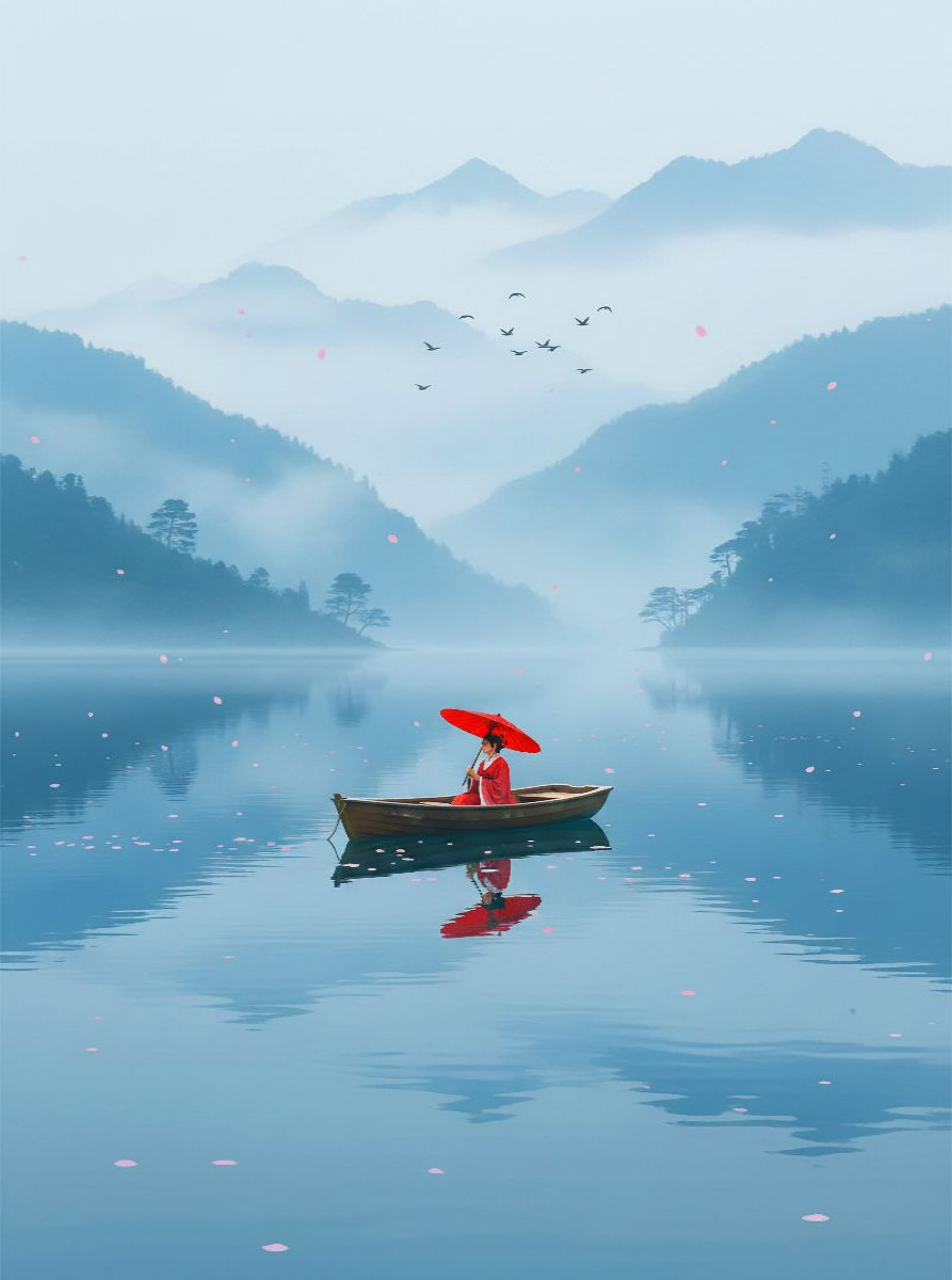 Roter Schirm in blauer Weite