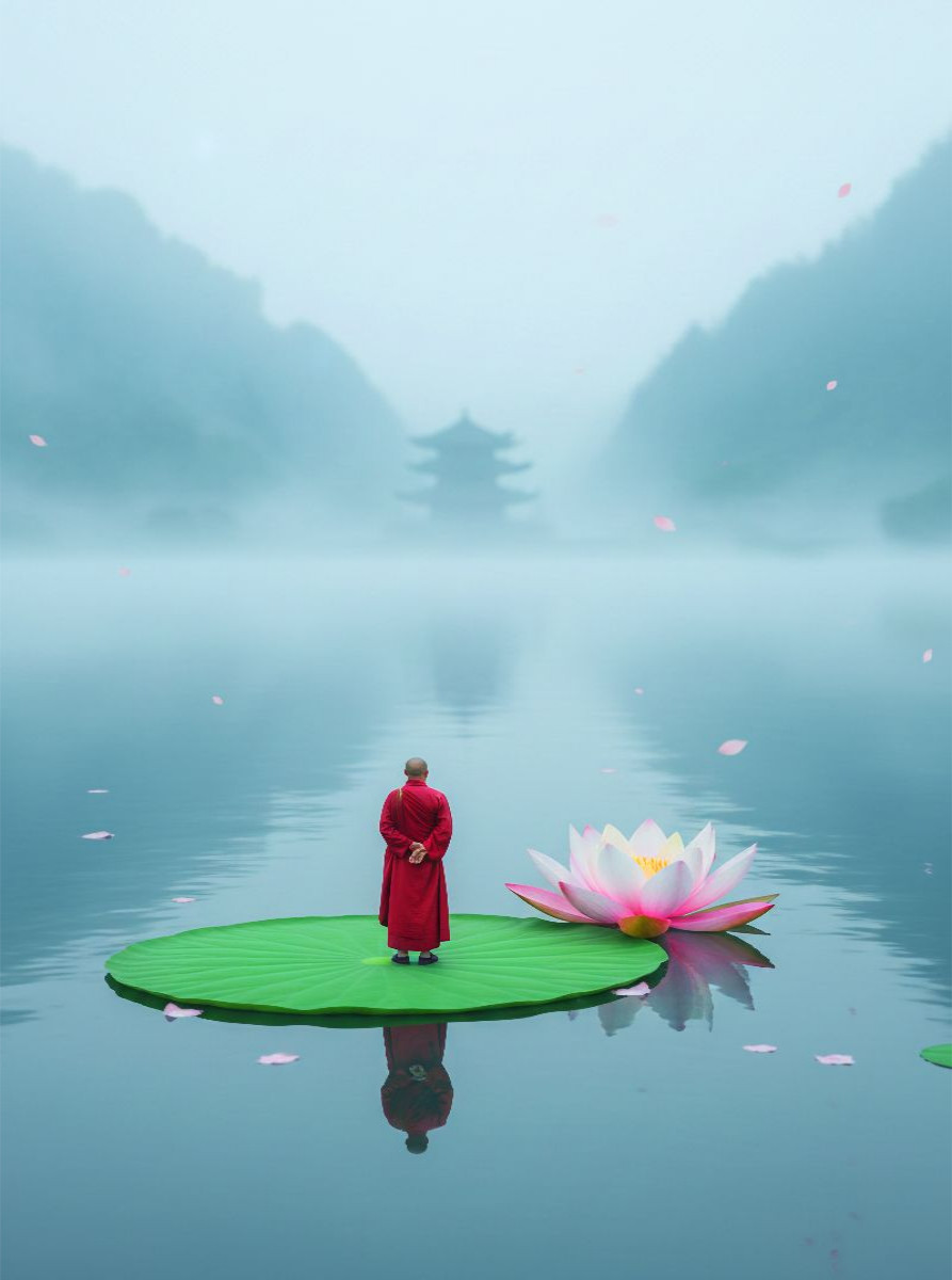 Mönch auf einem Lotosblumenblatt auf einem See