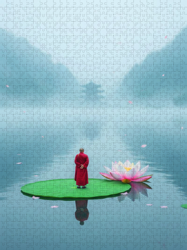 Mönch auf einem Lotosblumenblatt auf einem See