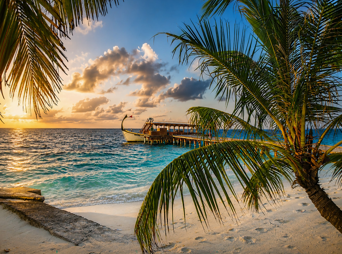 Sonnenuntergang am Malediven-Strand mit traditionellem Dhoni-Boot und Palmen
