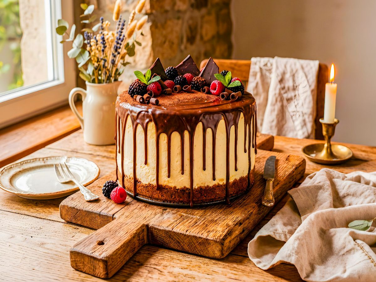 Käsekuchen mit Schokoladenguss und Waldbeeren als köstliches harmonisches Puzzlemotiv