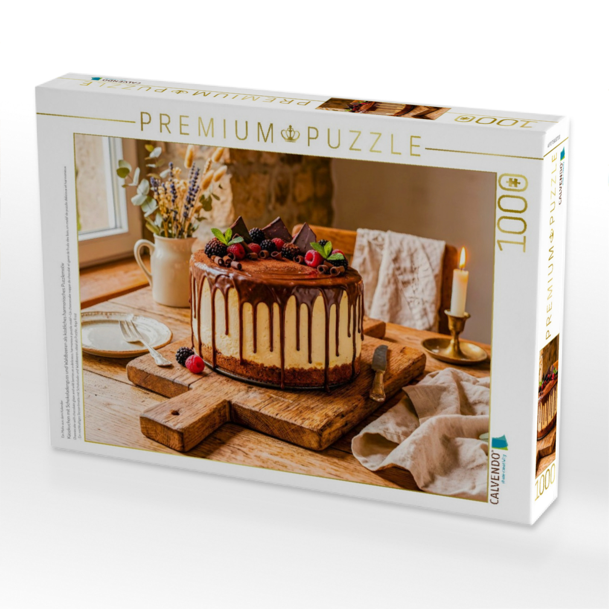Käsekuchen mit Schokoladenguss und Waldbeeren als köstliches harmonisches Puzzlemotiv
