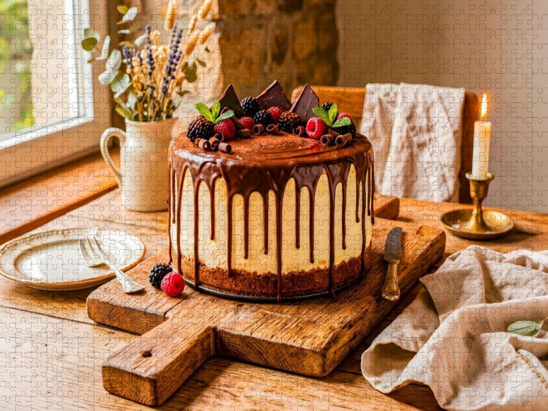 Käsekuchen mit Schokoladenguss und Waldbeeren als köstliches harmonisches Puzzlemotiv