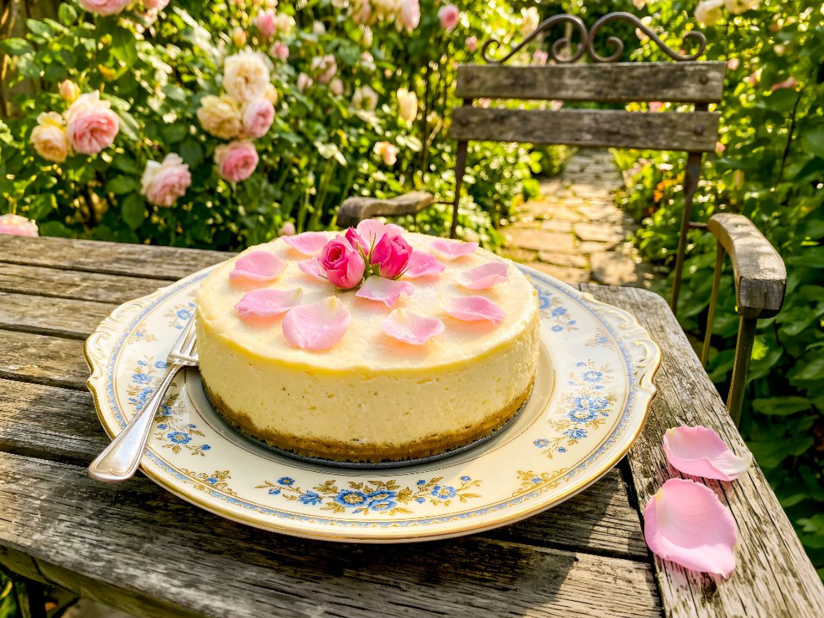 Käsetorte mit feinen Rosenblüten im romantischen blühenden Gartenmotiv Puzzle
