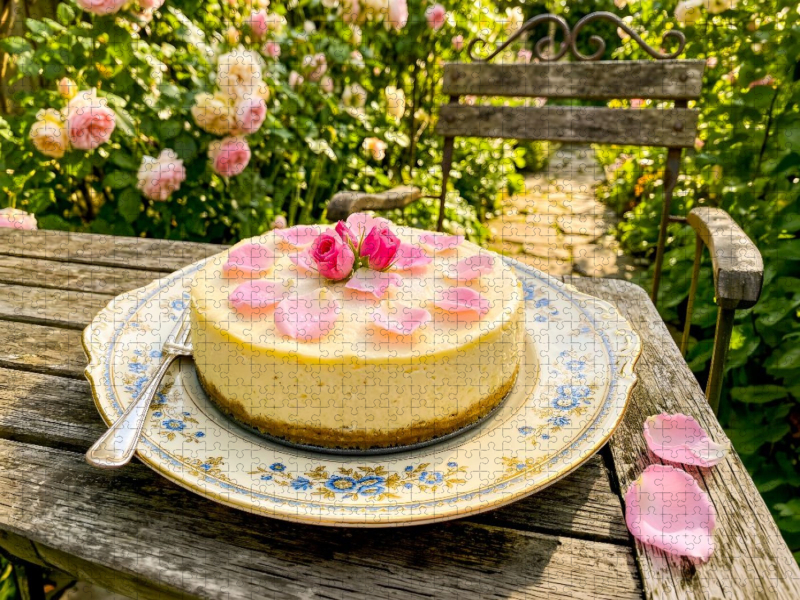 Käsetorte mit feinen Rosenblüten im romantischen blühenden Gartenmotiv Puzzle