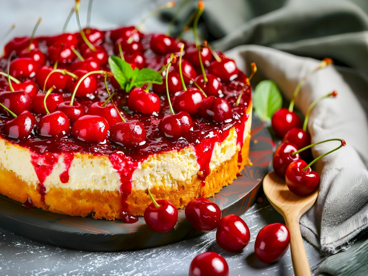 Kirschquarkkuchen mit ganzen Kirschen als köstliches Dessertmotiv für Genießer