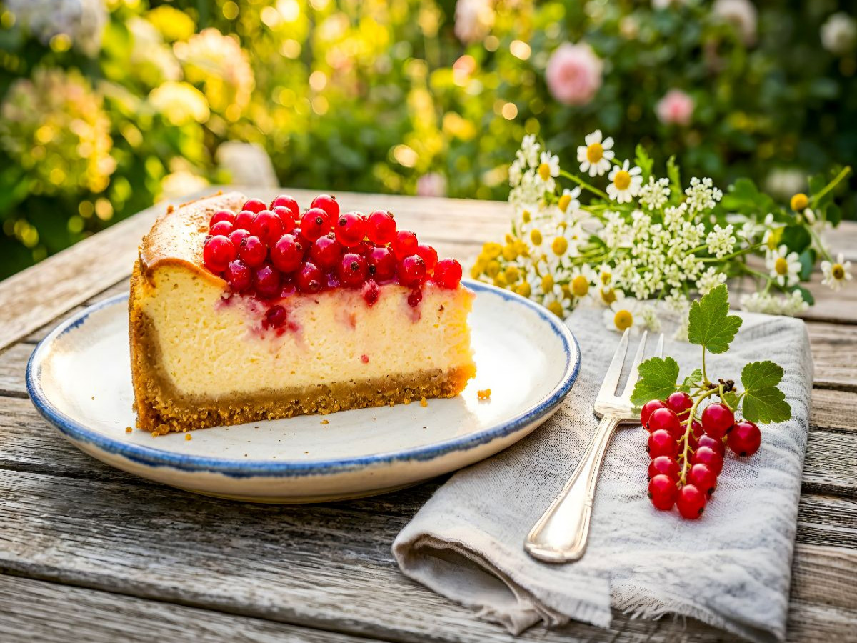 Käsekuchenstück mit roten Johannisbeeren auf sommerlichem Gartentisch als Puzzlemotiv