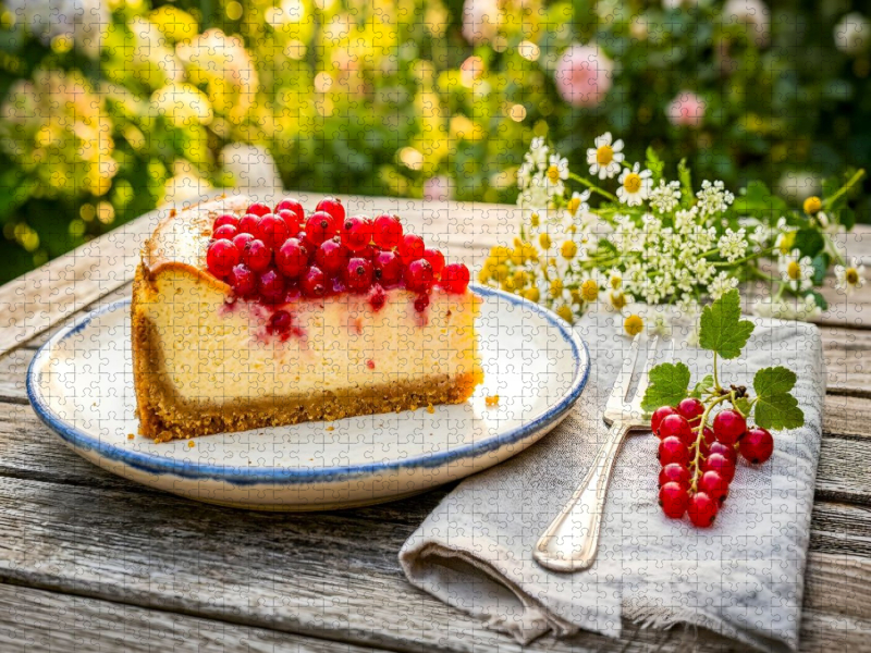 Käsekuchenstück mit roten Johannisbeeren auf sommerlichem Gartentisch als Puzzlemotiv