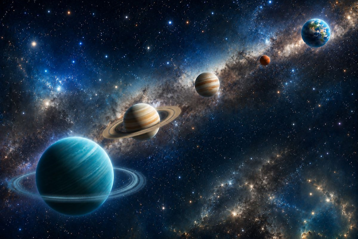 Planeten:Uranus, Saturn, Jupiter, Mars und Erde