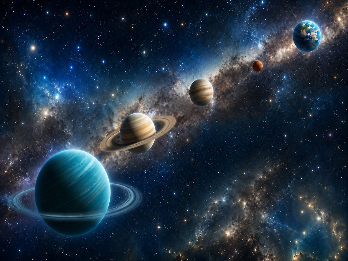 Planeten:Uranus, Saturn, Jupiter, Mars und Erde