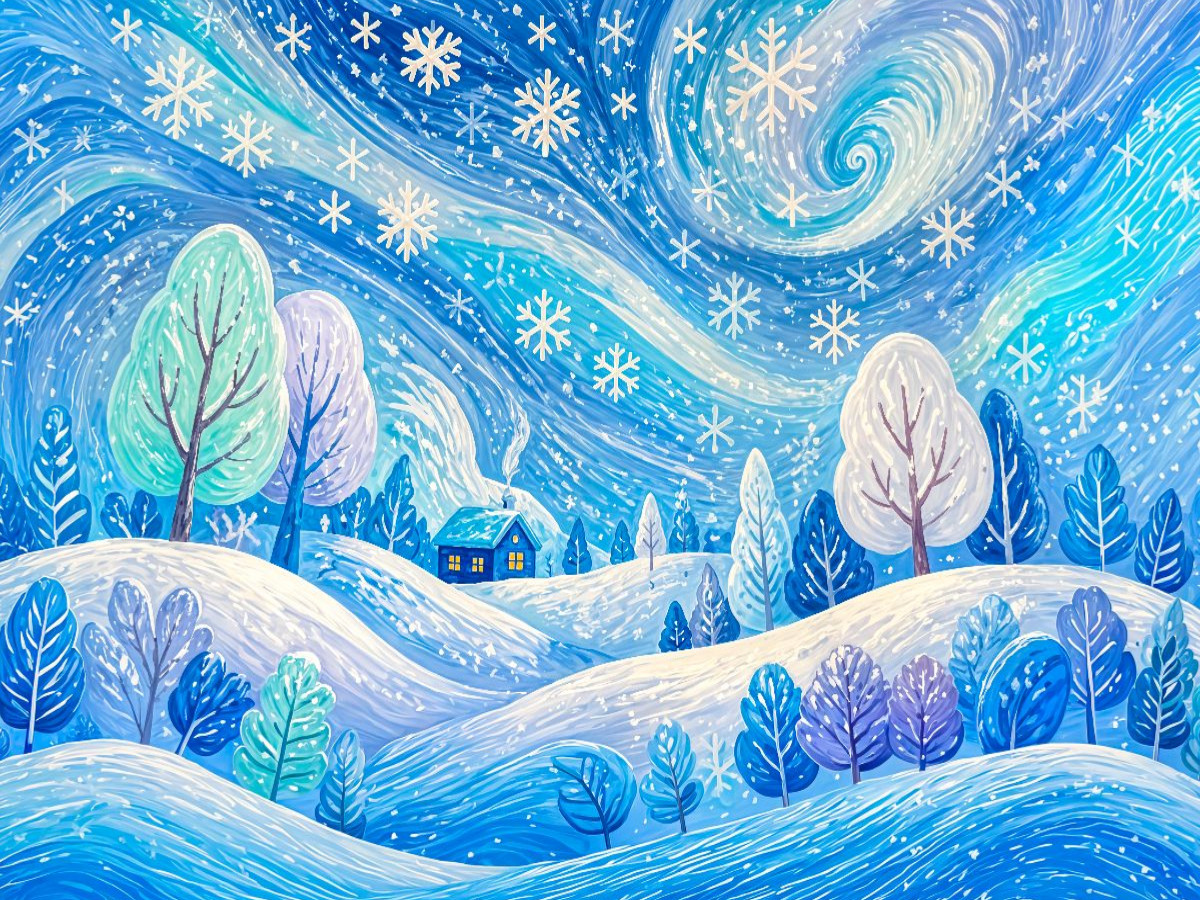Puzzlespiel Schneesturmlandschaft mit Haus und Bäumen in windpoetischer Farbbewegung
