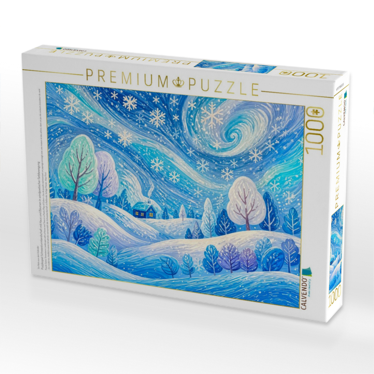 Puzzlespiel Schneesturmlandschaft mit Haus und Bäumen in windpoetischer Farbbewegung