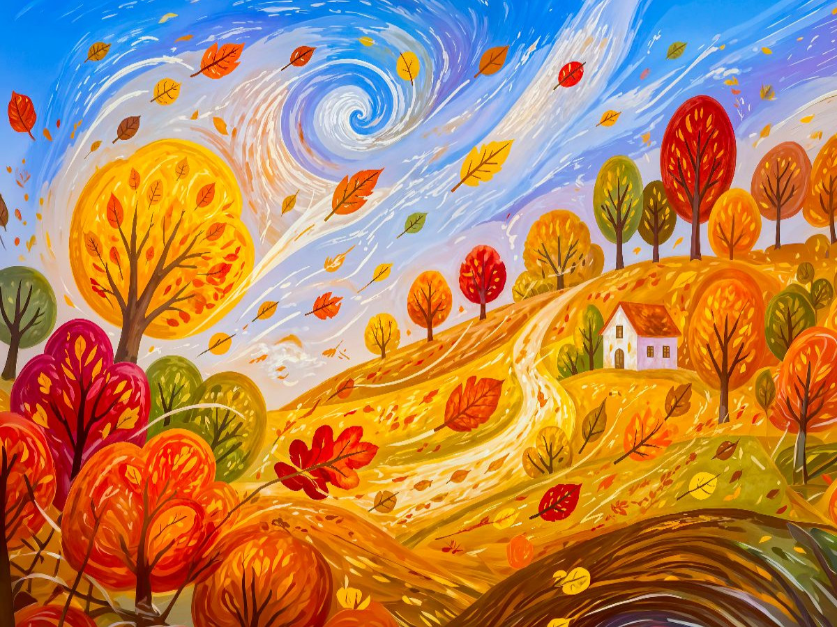 Puzzlespiel Herbststurm mit wehendem Laub und Haus in windpoetischer Hügel landschaft