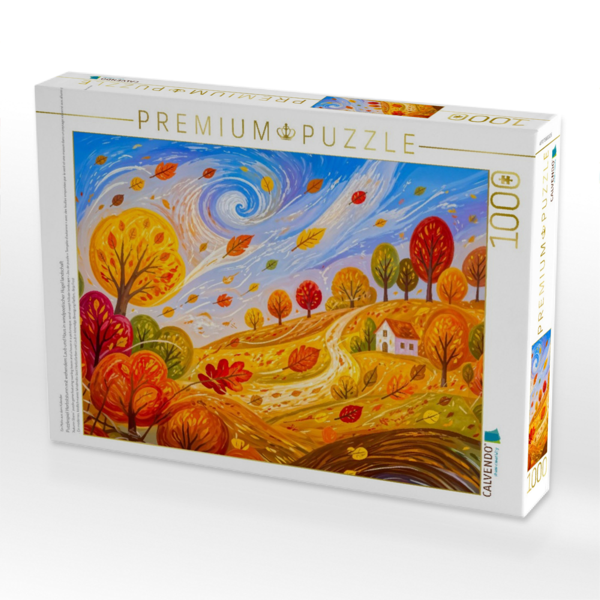 Puzzlespiel Herbststurm mit wehendem Laub und Haus in windpoetischer Hügel landschaft