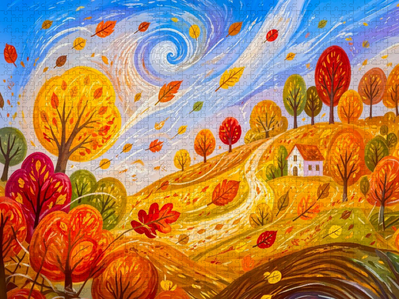Puzzlespiel Herbststurm mit wehendem Laub und Haus in windpoetischer Hügel landschaft