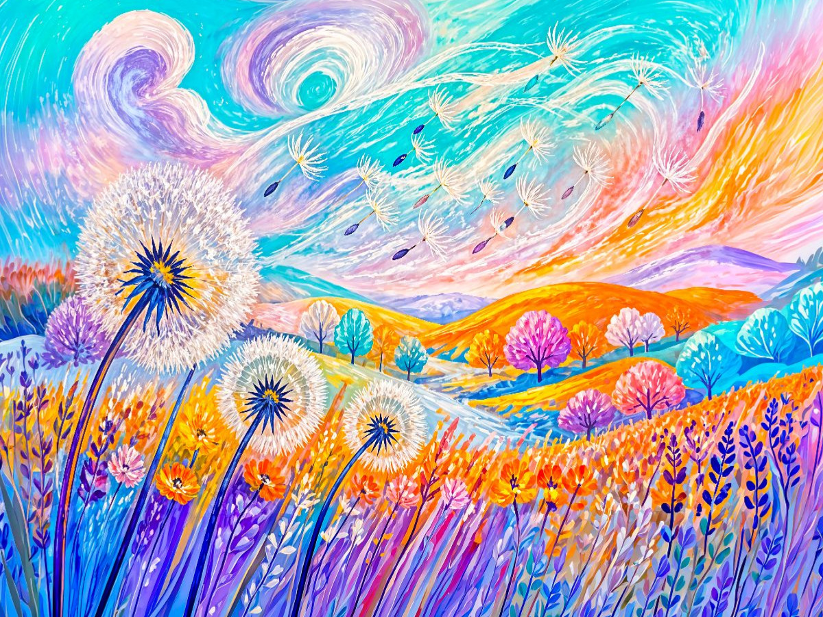 Puzzlespiel Pusteblumen im Wind mit fließenden Farben und kindlicher Leichtigkeit