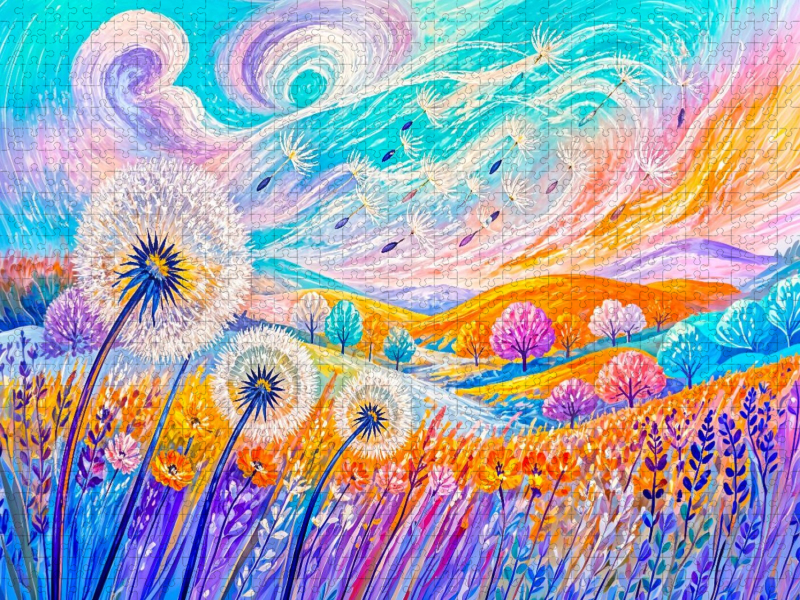 Puzzlespiel Pusteblumen im Wind mit fließenden Farben und kindlicher Leichtigkeit