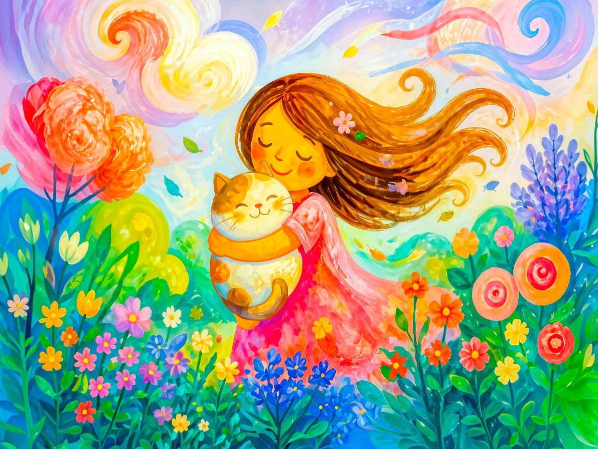 Puzzlespiel Mädchen mit Katze im Wind in moderner kindlicher Windpoesie