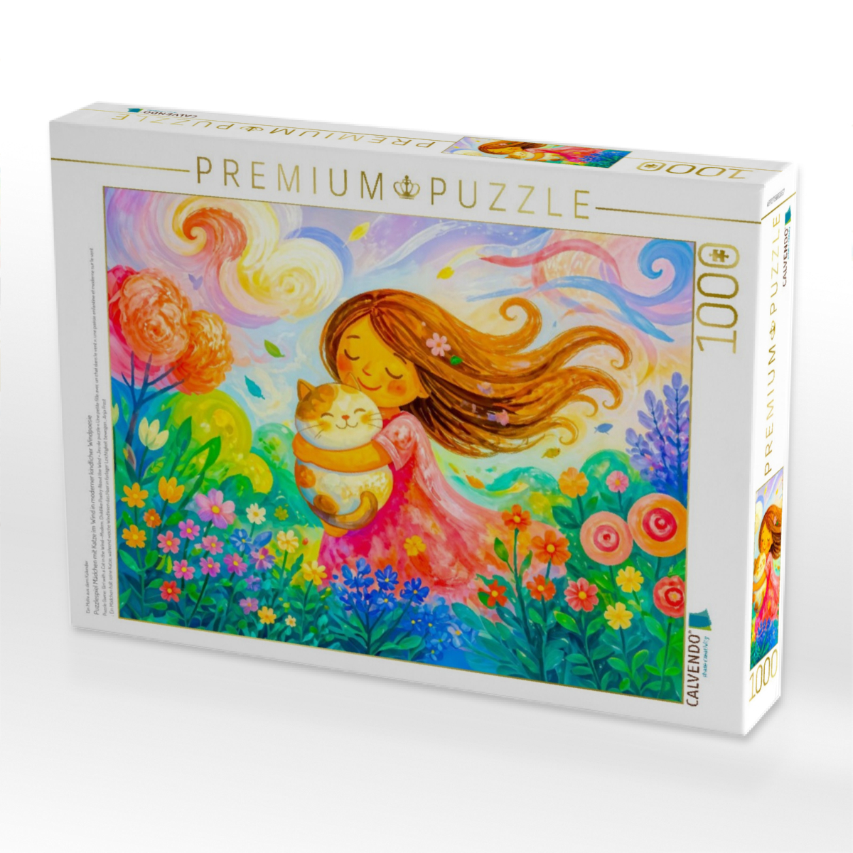 Puzzlespiel Mädchen mit Katze im Wind in moderner kindlicher Windpoesie