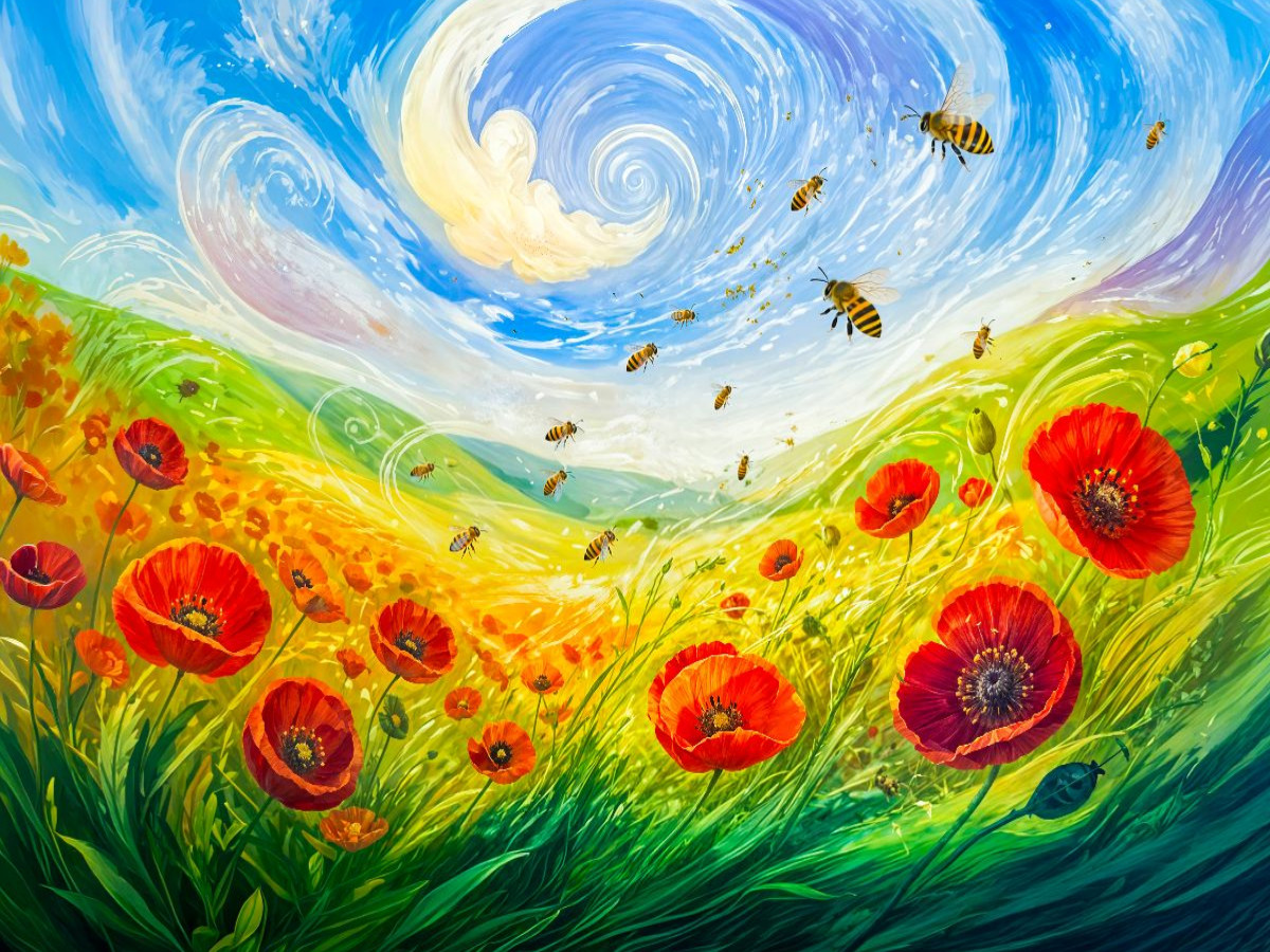 Puzzlespiel Mohnblumen und Bienen im windgetragenen Feld in kindlicher Windpoesie