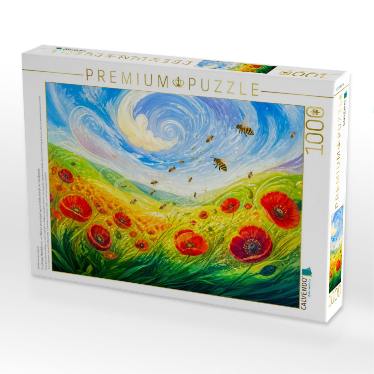Puzzlespiel Mohnblumen und Bienen im windgetragenen Feld in kindlicher Windpoesie