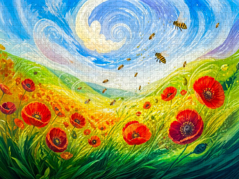 Puzzlespiel Mohnblumen und Bienen im windgetragenen Feld in kindlicher Windpoesie