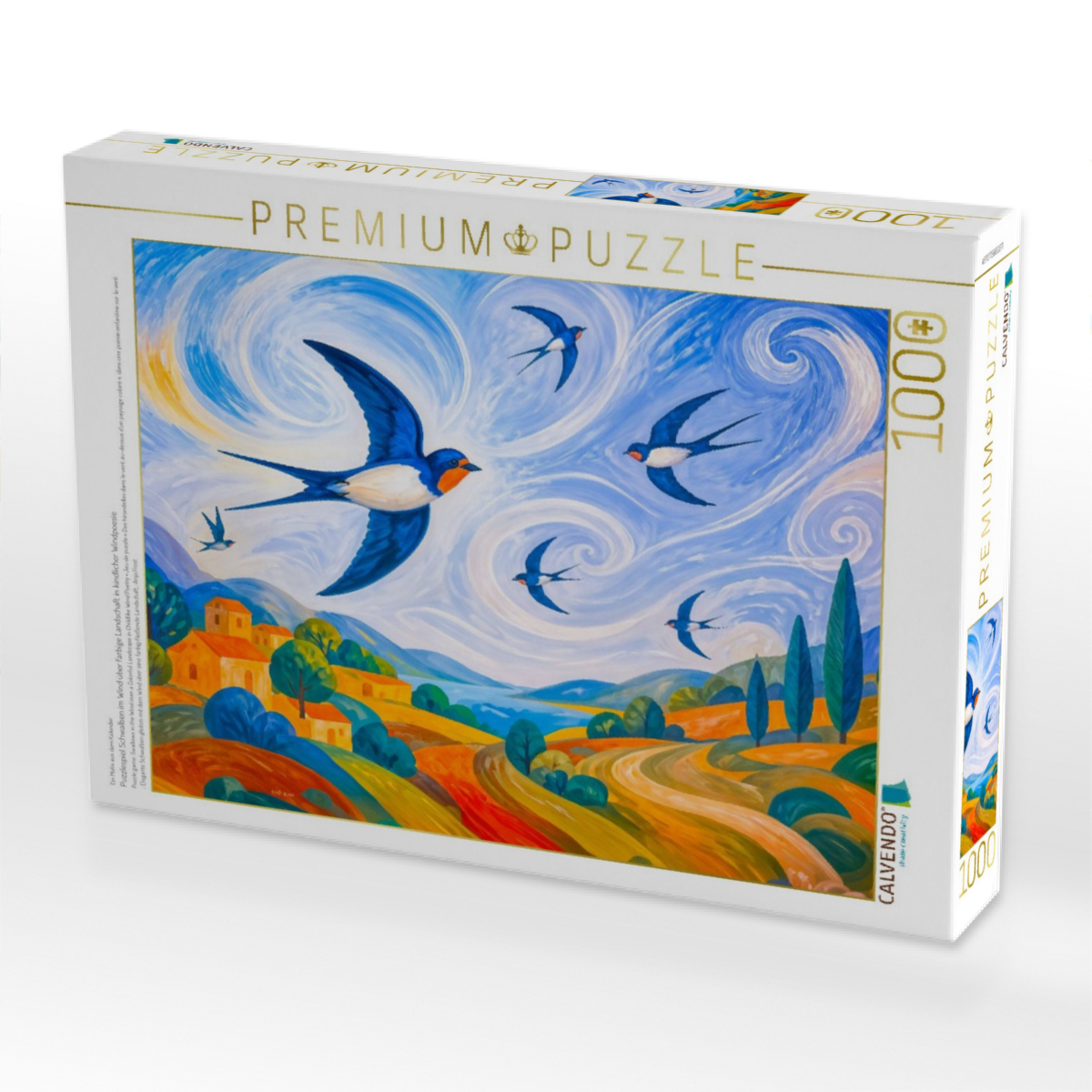 Puzzlespiel Schwalben im Wind über farbige Landschaft in kindlicher Windpoesie