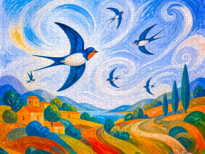 Puzzlespiel Schwalben im Wind über farbige Landschaft in kindlicher Windpoesie