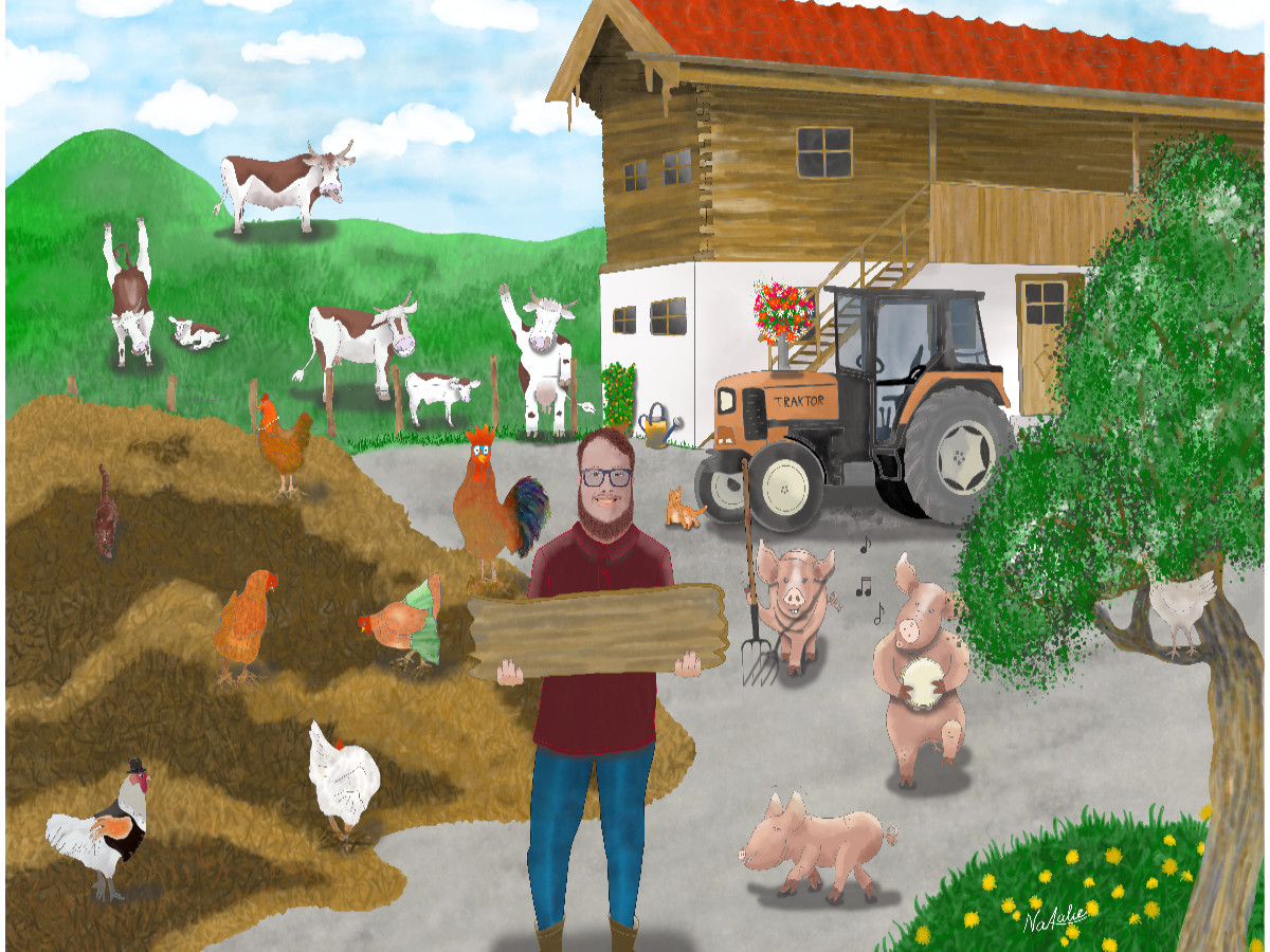 Bauernhof mit Landwirt, Kühen und Traktor