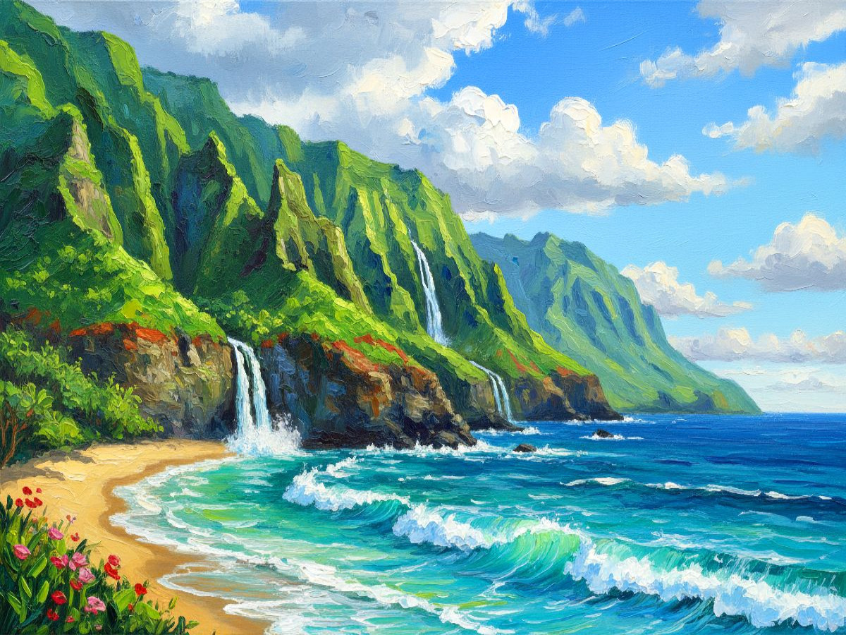 Na Pali Coast USA mit Wasserfall und Meer