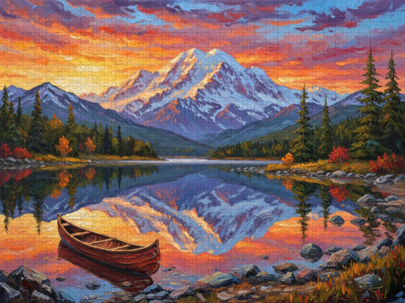 Denali National Park mit Boot im Sonnenuntergang