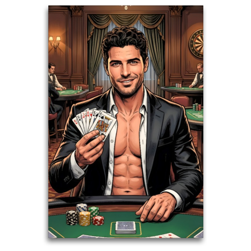 Lächelnder Zocker mit Karten am Pokertisch