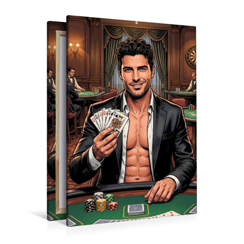 Lächelnder Zocker mit Karten am Pokertisch
