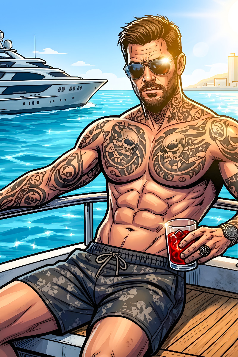 Tätowierter Sonnenbrillenträger auf einer Luxusyacht