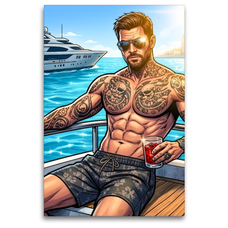 Tätowierter Sonnenbrillenträger auf einer Luxusyacht
